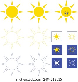 A collection of sun icons with 2 similar shape variations, each in 3 color schemes, plus an extra version with eyes. Includes 6 button styles to complement each design. Ideal for apps and websites.