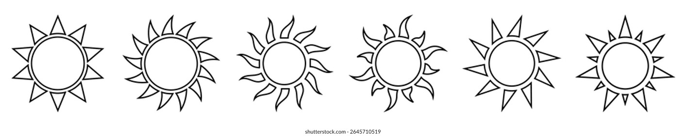 Collection of sun icons in black outline style. Perfect for weather apps, minimal designs, nature themes, and decorative elements. Icons, vector, symbols.