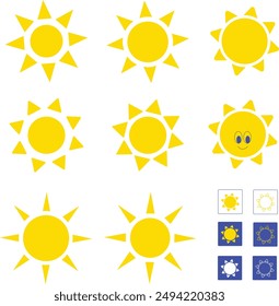 A collection of sun icons featuring 7 similar shape variations and an additional version with eyes. Includes 6 button styles. Perfect for web design, app interfaces, educational materials.