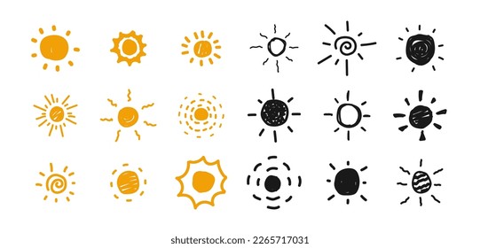 Collection of Sun icons in hand-drawn cartoon style. Suns vector of orange and black color on white background. Vector illustration.