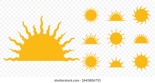 Collection of  sun icons with rays.  Sun simple icons collection.  sun icon set, sunshine and solar glow, sunrise or sunset.  Vector illustration.