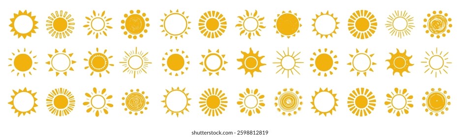 collection of sun icons showcasing radiant sunlight, shining rays, and warm glowing beams. Ideal for summer themes, weather forecasts, solar energy visuals, and decorative designs. Vector illustration