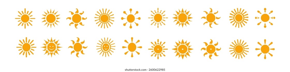 collection of sun icons showcasing radiant sunlight, shining rays, and warm glowing beams. Ideal for summer themes, weather forecasts, solar energy visuals, and decorative designs. Vector illustration