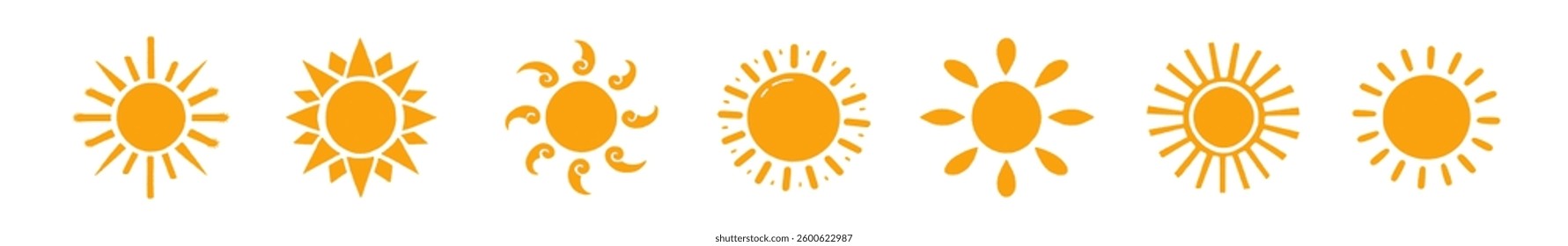 collection of sun icons showcasing radiant sunlight, shining rays, and warm glowing beams. Ideal for summer themes, weather forecasts, solar energy visuals, and decorative designs. Vector illustration