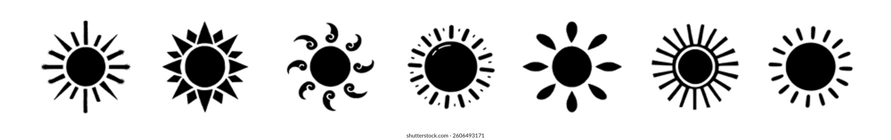 collection of sun icons showcasing radiant sunlight, shining rays, and warm glowing beams. Ideal for summer themes, weather forecasts, solar energy visuals, and decorative designs. Vector illustration
