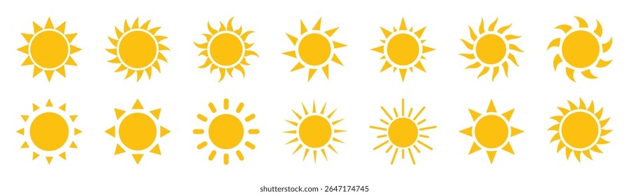 Colección de iconos solares con varias Formas de rayos. Perfecto para App de Clima, temas de verano, gráficos de viajes, Elementos de interfaz de usuario y diseños de Vector relacionados con el clima o la luz solar. Iconos, Vector.