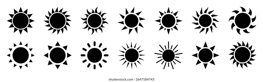 Collection of sun icons with various ray shapes. Perfect for weather apps, summer themes, travel graphics, UI elements, and climate or sunlight related vector designs.