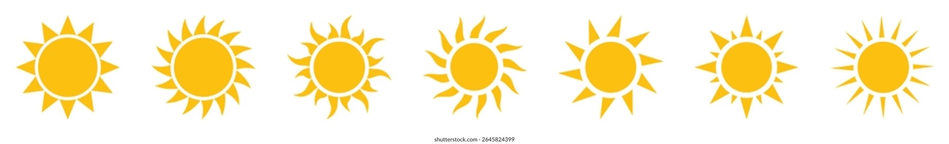 Collection of sun icons with various styles and ray patterns. Perfect for weather apps, summer themes, travel graphics, UI elements, and climate or sunlight vector icons.