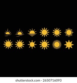 Colección de iconos de sol en varios estilos para pronósticos de Clima y diseños de salida del sol