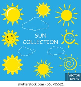 Collection of the sun. Set. Bright. Sky. Isolated on a blue background.