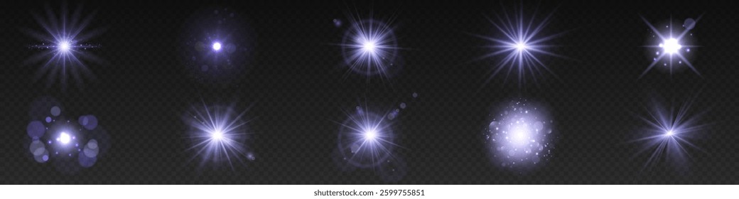 A collection of sun stars with radiant light rays and sparkling glow effects. Vector illustration featuring bright gold particles, glittering flares, and shining sunbursts.