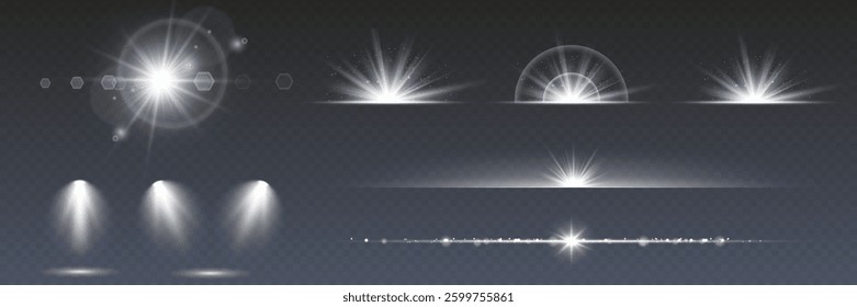 A collection of sun stars with radiant light rays and sparkling glow effects. Vector illustration featuring bright gold particles, glittering flares, and shining sunbursts.