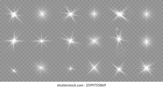 A collection of sun stars with radiant light rays and sparkling glow effects. Vector illustration featuring bright gold particles, glittering flares, and shining sunbursts.