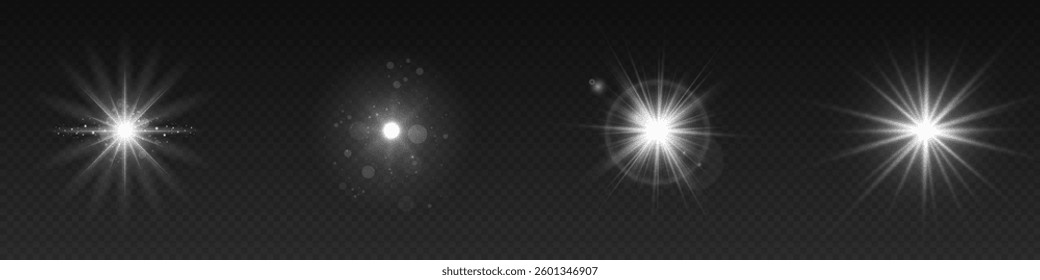 A collection of sun stars with radiant light rays and sparkling glow effects. Vector illustration featuring bright gold particles, glittering flares, and shining sunbursts.
