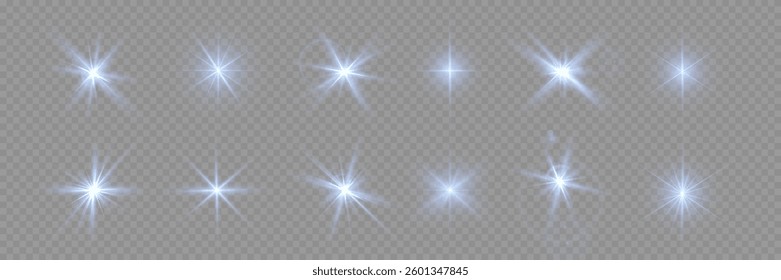 A collection of sun stars with radiant light rays and sparkling glow effects. Vector illustration featuring bright gold particles, glittering flares, and shining sunbursts.
