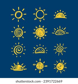 collection of sun and sunrise hand drawn doodle icon for kids drawing illustration design