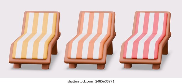 Collection of sunbeds in different colors, front view. Empty beach furniture for complete relaxation