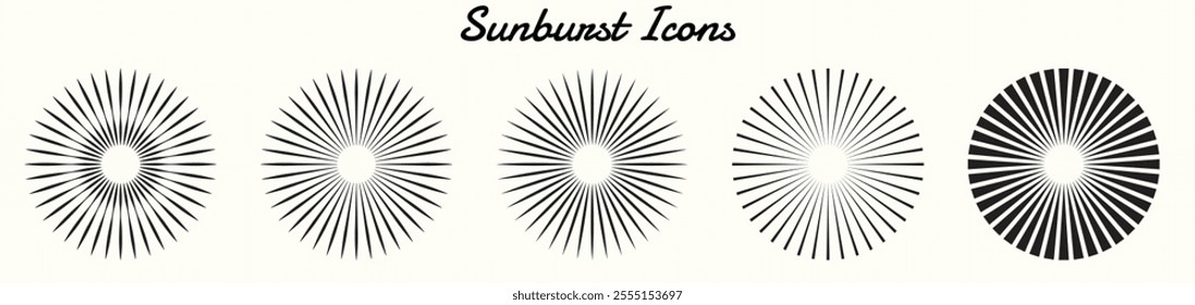 A collection of sunburst icons with radial line patterns, ranging from light to bold designs. Black-and-white aesthetic with a vintage and modern blend, ideal for decorative purposes.