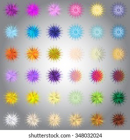 Collection of sunburst shapes. Light Rays, fire work, explosion. Hand-drawn vector design element. 