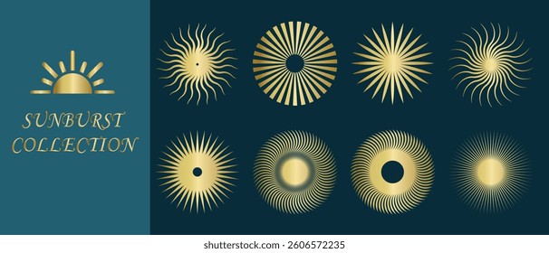 Collection of sunburst vector icons set. Set of vintage  sunburst, Sunrise collection on blue background. Bursting, light, starburst rays, sunrise firework design elements. Vector Illustration.
