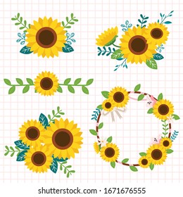The collection of sunflower in the boquet and set on the white background in flat vector style. illustation set about wedding and greeting card.
