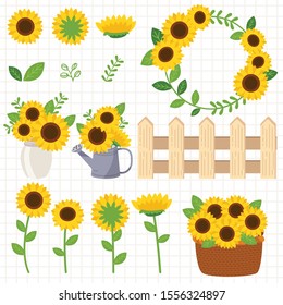 The collection of sunflower and fence and water can and jar and basket in flat vector style. Graphic resource about sunflower set.