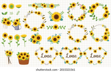 La colección de girasol y hojas en vector plano.Ilustración sobre girasol para carteles, fondo y tarjeta de saludo.