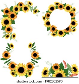 The collection of sunflower wreath and decorative elements in set. illusion sunflower flat vector for celebrate and content , greeting card.