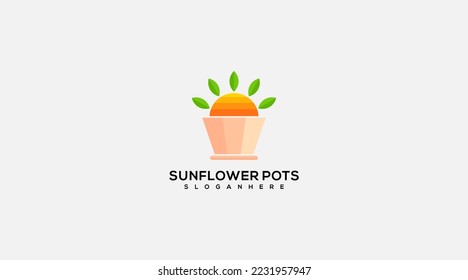 The collection of sunflowers in plat pot logo design