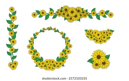 Collection of sunflowers set decorative elements design. Vector illustration on white background.