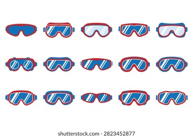 A collection of sunglasses is depicted as a flat vector illustration set against a white background with various frame and