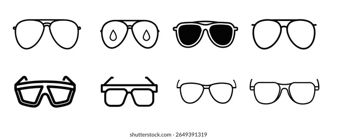 Collection of Sunglasses and Eyeglasses Illustrations Aviator, Square, and Classic Styles in Line Art Design	
