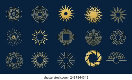Collection of sunray on navy blue background. Abstract gold color icon element of sunray different shapes. Icon graphic design for decoration, logo, business, ads.