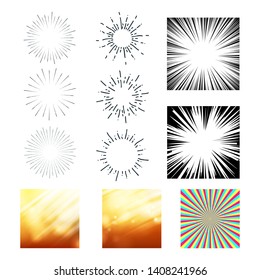 Collection Of Sunrays And Starburst Set Vector. Colorful, Black And White Different Exploding And Stripes Sunrays. Stylish Abstract Glittering Sunbeams Design Flat Cartoon Illustration