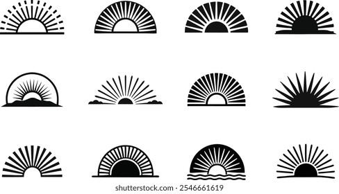 Coleção de Ícones Vetoriais Sunrise e Sunset com Raios Sunburst, Isolados no Fundo Branco.