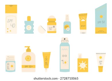 Collection of sunscreen bottles and tubes. Flat vector illustration of a set of sunscreen products with different SPF factors for skin care. Modern flat design with handdrawn elements perfect for infographics, health blogs and social media.