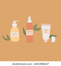 Collection of sunscreen creams. Sun protection. Bottles and lotions with SPF labels for summer, beach. Hand drawn vector illustration