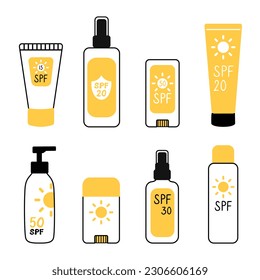 Collection of sunscreen products in doodle cartoon flat style. Cream, bottles and spray with SPF.