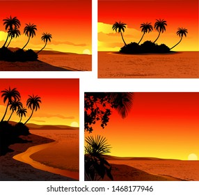 Collection of sunset view at beach with palm tree 