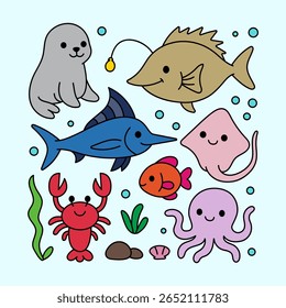 A collection of super cute underwater sea creatures.