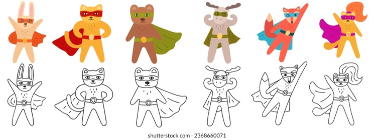 Collection of superheroes animals. Flat and outline design. Vector hand drawn illustrations. Children design. Kids art.