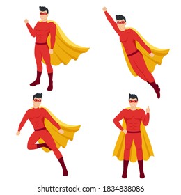 Collection of superheroes. Superhero in red suit and cloak in different poses. . Isolated vector illustration