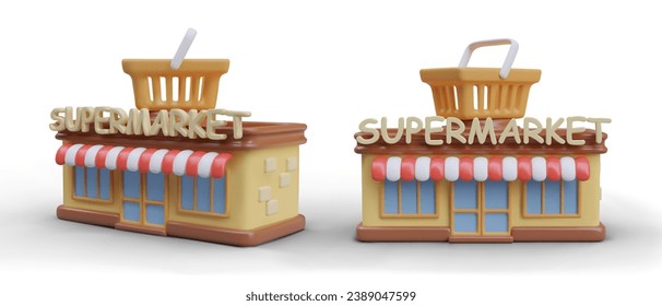 Collection with supermarket with basket for shopping on roof in different positions. Buying groceries and different products. Vector illustration in 3d style