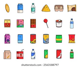 Collection of supermarket food character illustration elements in doodle style suitable for use in various design needs such as posters, social media, websites, banners and others related to products 