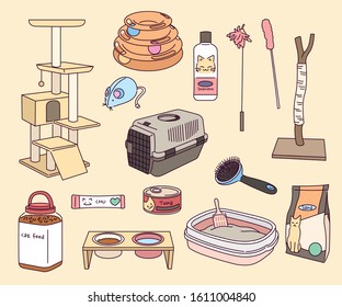 A collection of supplies for raising a cat. hand drawn style vector design illustrations. 