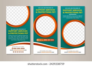 collection of support services and  protection pet roll up banner template. green gradient background. fully marketing purpose design. attractive standee vertical layout banners. space for photo.