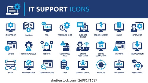Coleta de ícones de suporte de TI e solução de problemas, incluindo alertas de erro, manutenção, assistência online, instalação, computação em nuvem, perguntas frequentes e muito mais.