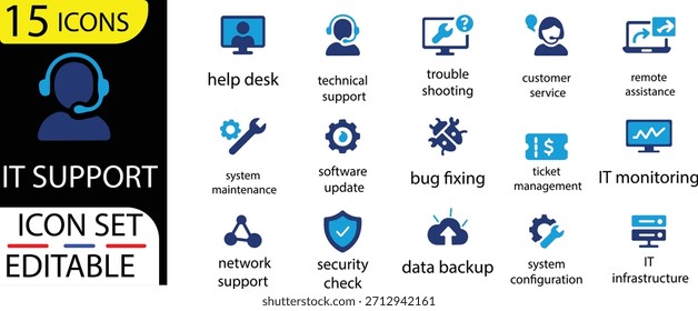 Ícones de suporte de TI com erro de solução de problemas e manutenção em nuvem.icon, technology, support, troubleshooting, vetor, manutenção de conexão, internet, serviço, computador e muito mais.
