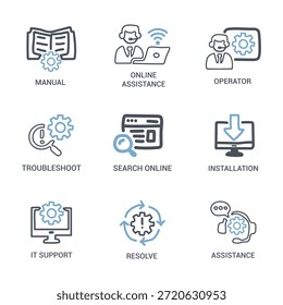 Collection of IT support and troubleshooting icons, including error alerts, maintenance, online assistance, installation, cloud computing, FAQ and more. 