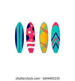 Collection of  surfboards for vacation on the sea, ocean. Concept of summer sports and leisure outdoor activities isolated on white background . Flat vector